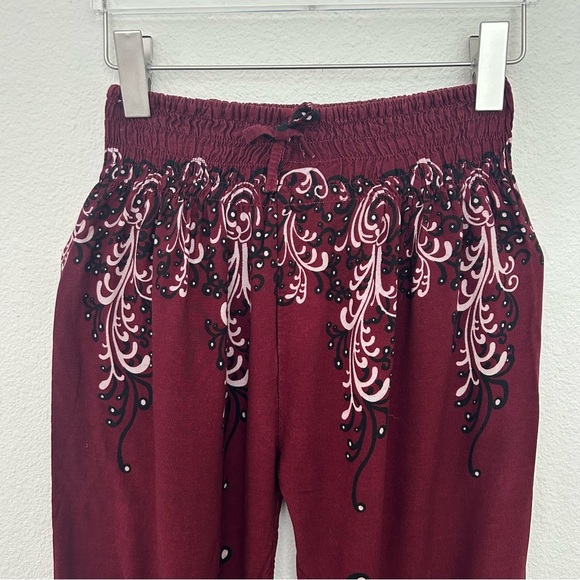 Burgundy Smocked Waist Pants Boho Harem Lounge Pattern Festival Size Small - Picture 2 of 10